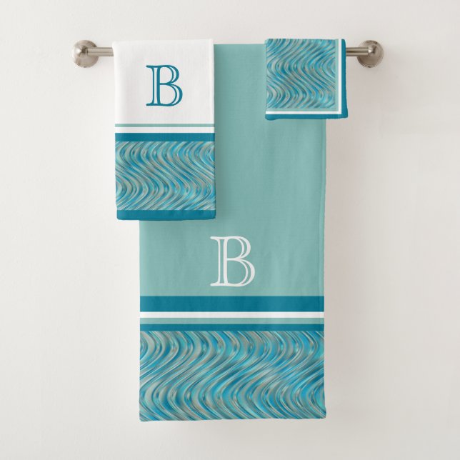 Custom Aqua Turquoise Blue Taupe Curved Lines Art Bath Towel Set (Insitu)