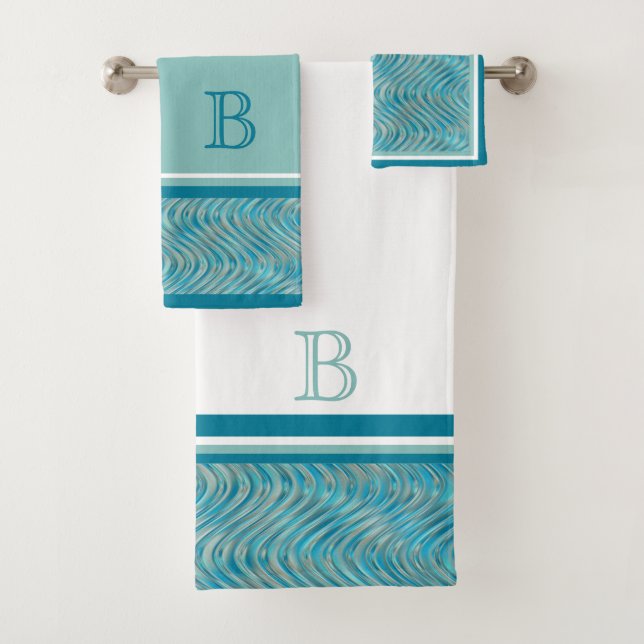 Custom Aqua Turquoise Blue Taupe Curved Lines Art Bath Towel Set (Insitu)