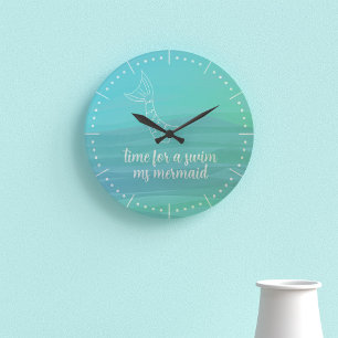 Custom Aqua Watercolor Mermaid Tail Wall Clock