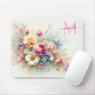 Custom Aquarell Floral Template Monogram & Name Mouse Mat