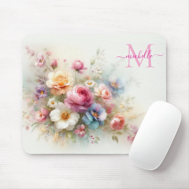 Custom Aquarell Floral Template Monogram & Name Mouse Mat (With Mouse)