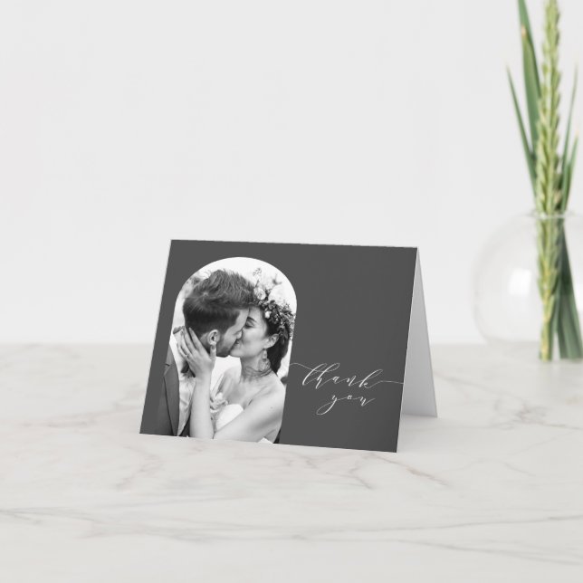 Custom Arch Shape Wedding Photo Black and White Thank You Card (Front)