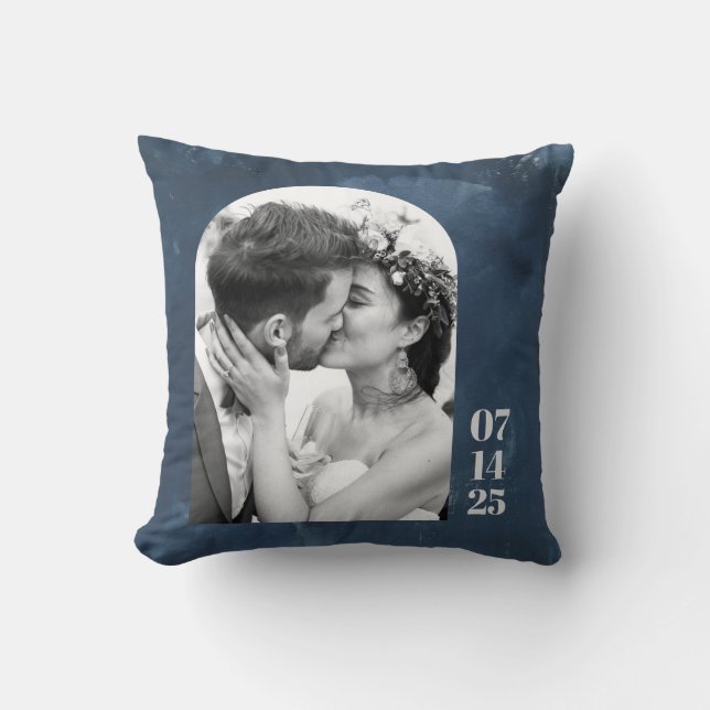 Custom Arch Shape Wedding Photo Date Navy Blue Cushion (Front)