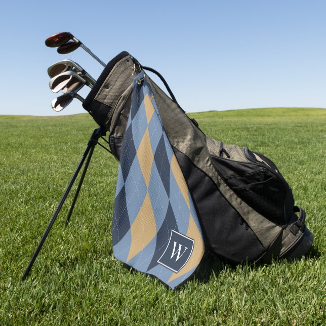 Custom Argyle – Smoke Blue Navy & Khaki Monogram Golf Towel (Green)