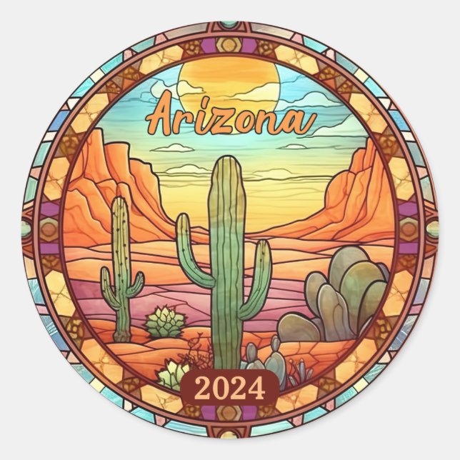 Custom Arizona Desert Cactus Faux Stained Glass  Classic Round Sticker (Front)