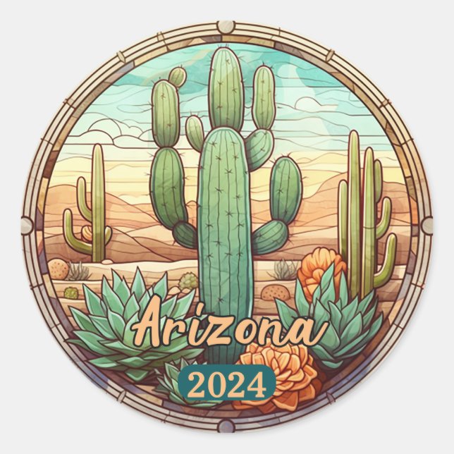 Custom Arizona Desert Cactus Faux Stained Glass  Classic Round Sticker (Front)