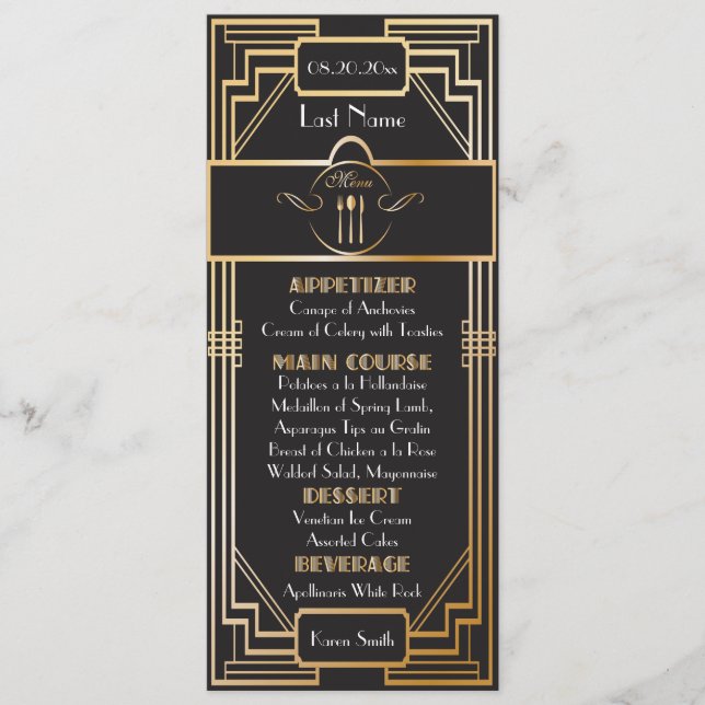 Custom -Art Deco Black and Gold Gatsby Wedding Menu (Front)