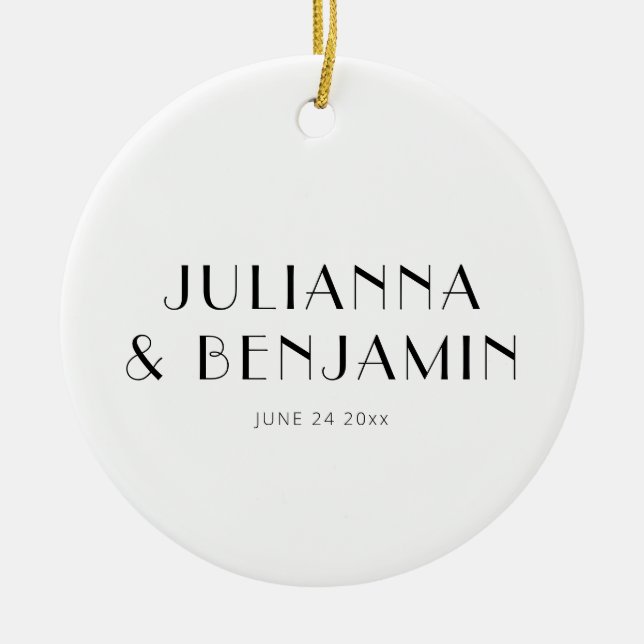 Custom Art Deco Black White Newlywed Name Keepsake Ceramic Tree Decoration (Front)