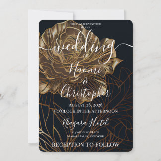 Custom Art Deco Gold Flower Black Wedding Invitation
