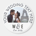 Custom Art Deco Text Photo Magnet Wedding Favours<br><div class="desc">Custom printed, personalised MODERN ART DECO font template ROUND Photo Fridge Magnet wedding favours. Template personalised on front of photo fridge magnet, available in 3 sizes: 1.25", 2.25" and 3" diameter. UPPER TEXT - main wedding statement. Replace IMAGE with your wedding couple, engagement, wedding photo. LOWER TEXT - The monogram...</div>