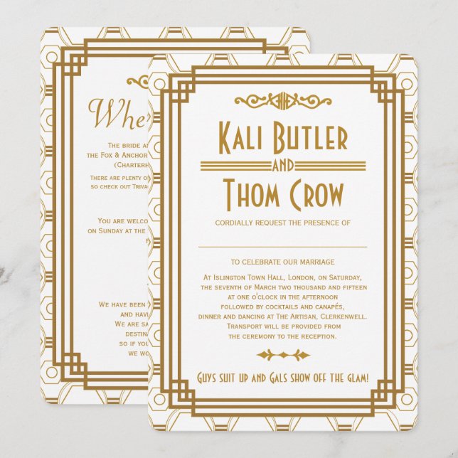 Custom Art Deco White Wedding Invitations (Front/Back)