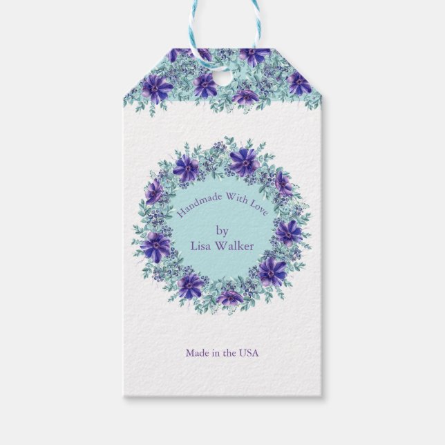 Custom Artisan Tag Rustic Purple Wreath & Aqua (Front)