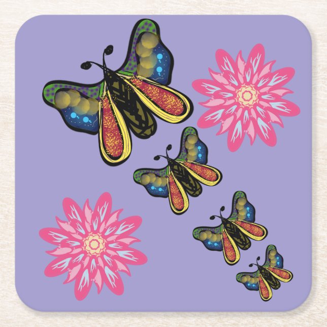 Custom Artistic Butterfly Cascade Square Paper Coaster (Front)