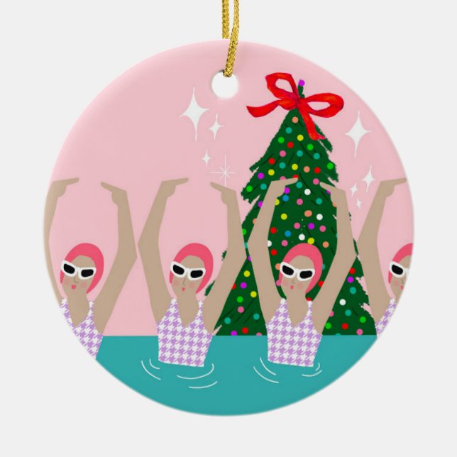 Custom Artistic Swimmers Illustration Christmas    Ceramic Tree Decoration (Front)