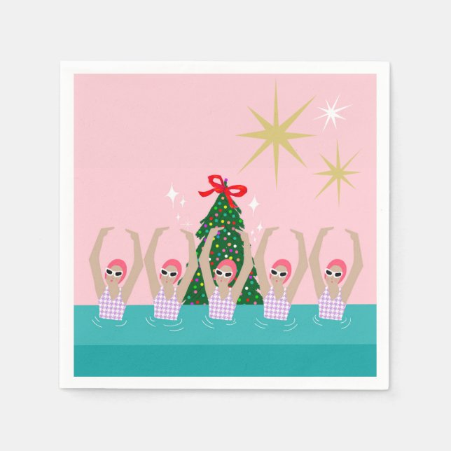Custom Artistic Swimmers Illustration Christmas Napkin (Front)