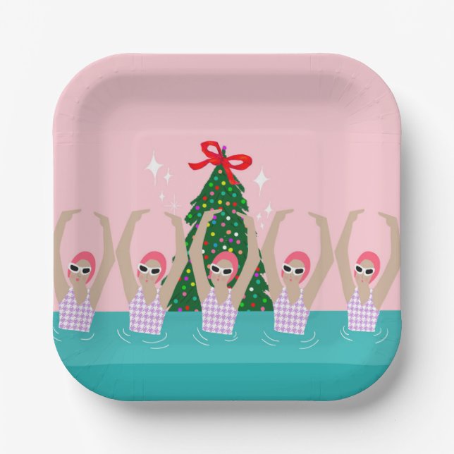 Custom Artistic Swimmers Illustration Christmas   Paper Plate (Front)