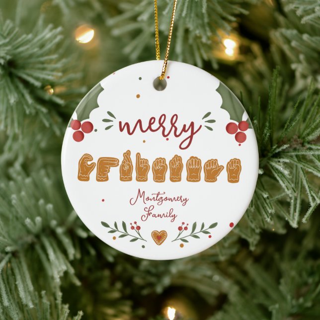 Custom ASL Merry Christmas Gingerbread Hands Ceramic Tree Decoration (Tree)