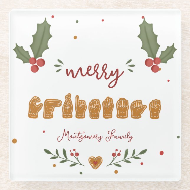Custom ASL Merry Christmas Gingerbread Hands Glass Coaster (Front)