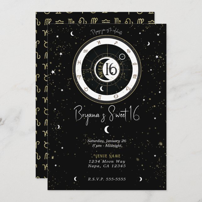 Custom Astrology Sun & Moon Sign Sweet 16    Invitation (Front/Back)