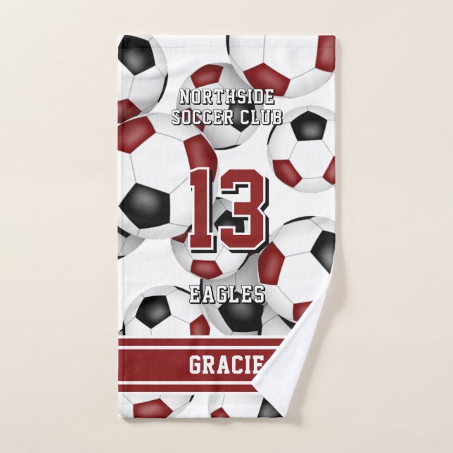 Custom athlete and team name soccer maroon  hand towel (Hand Towel)