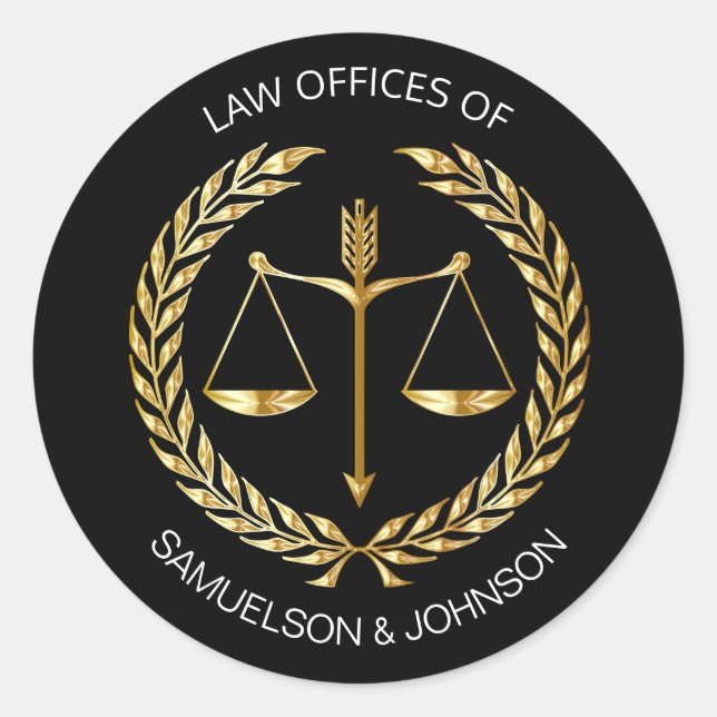 Custom Attorney Lawyer Scale of Justice Black Gold Classic Round Sticker (Front)