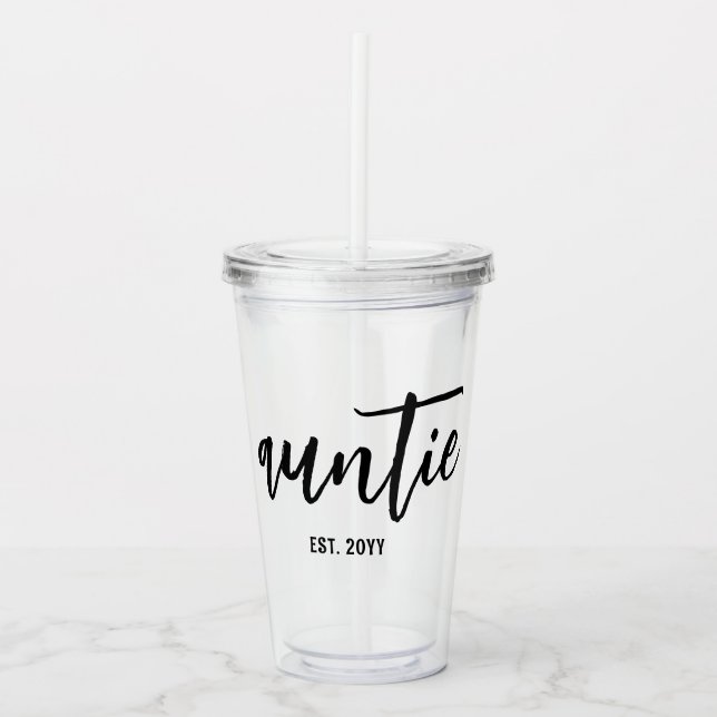 Custom Auntie Est. Modern Brush Script Typography Acrylic Tumbler (Front)
