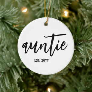 Custom Auntie Est. Modern Brush Script Typography Ceramic Tree Decoration