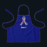 Custom Autism Awareness Ribbon Blue Personalised Apron<br><div class="desc">Custom Autism awareness ribbon apron for autistic friends or family. A cool proud autism mum or dad gift that can be personalised with any text below the puzzle piece ribbon of blue,  yellow,  and red. A neat Asperger Syndrome pride present.</div>