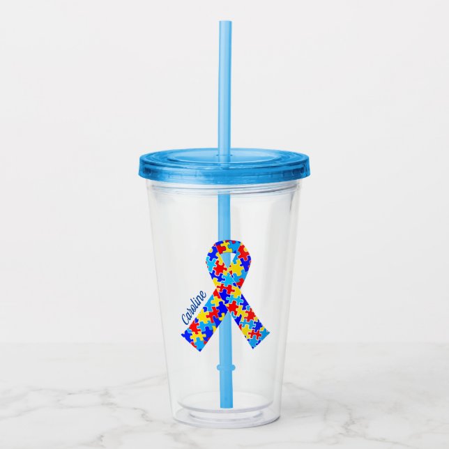 Custom Autism Awareness Ribbon Blue Puzzle Piece Acrylic Tumbler (Front)