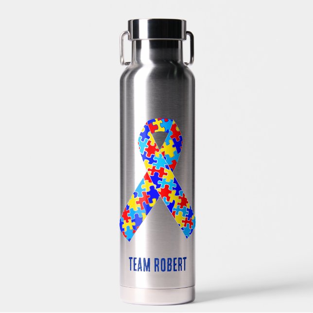 Custom Autism Awareness Ribbon Cute Personalised Water Bottle (Front)