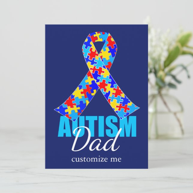Custom Autism Dad Blue Ribbon Father's Day Card (Standing Front)