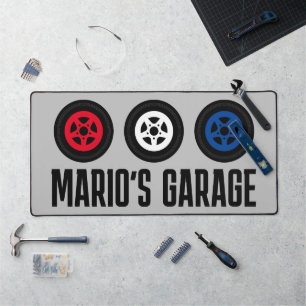 Custom automotive desk mat for garage or man cave