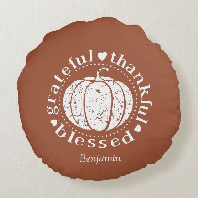 Custom Autumn Grateful Thankful Blessed Pumpkin Round Cushion (Back)