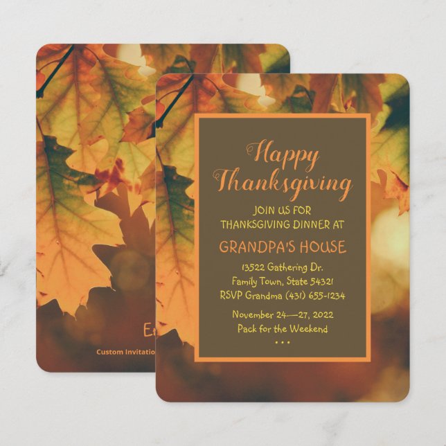 Custom Autumn Leaves Thanksgiving Dinner Invitation (Front/Back)