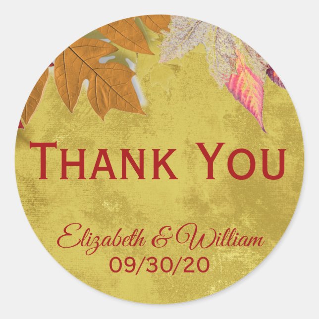 Custom Autumn Leaves Wedding Thank You Classic Round Sticker (Front)