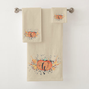 Custom Autumn Monogram Watercolor Pumpkin Bath Towel Set