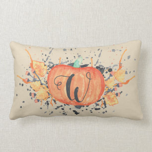 Custom Autumn Monogram Watercolor Pumpkin Lumbar Cushion