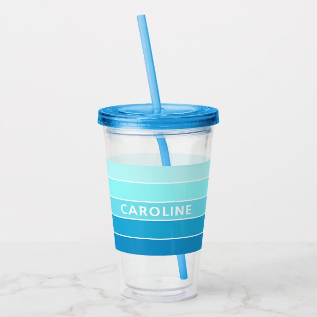 Custom Azure Sky Light Pastel Blue White Stripes Acrylic Tumbler (Left)