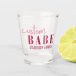 Custom Babe Funny Saying Personalised Name Shot Glass<br><div class="desc">Custom Babe Funny Saying Personalised Name Shot Glass features a simple design with the text "custom babe" in modern pink calligraphy script typography and personalised with your name. Perfect for a fun gift for mum, best friends, girlfriend, for birthday, Christmas, holidays, bridal shower, bachelorette party, Mother's Day and more. Designed...</div>