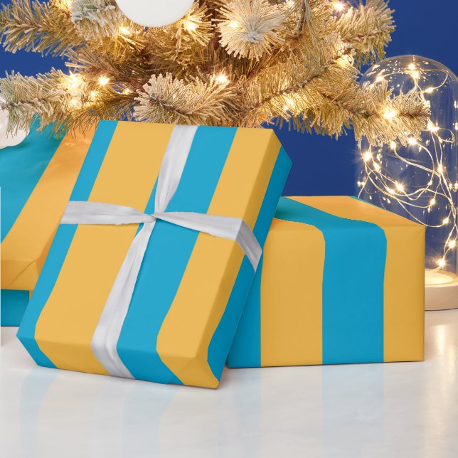 Custom Baby Blue and Yellow Vertical Stripes Wrapping Paper (Holidays)