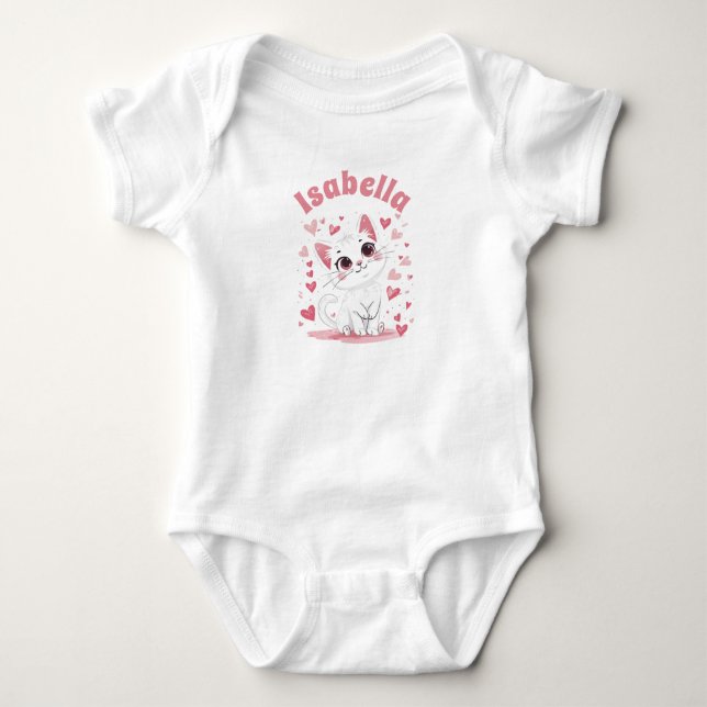 Custom Baby Bodysuit Cute Cat Cartoon Pink Hearts (Front)