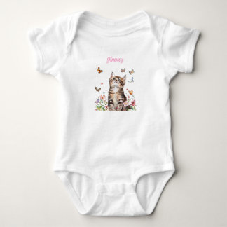 Custom Baby Bodysuit - Cute Kitten with Flowers