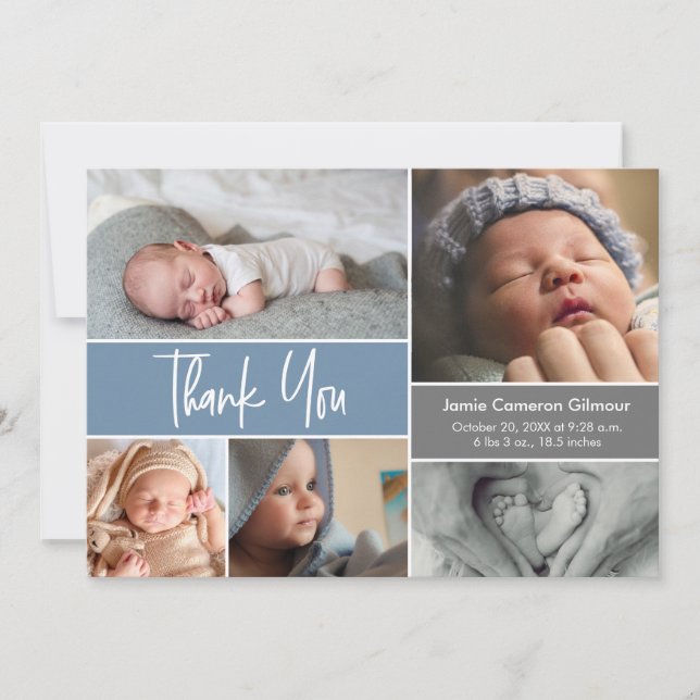 Custom Baby Boy Dusty Blue Shower Photo Thank You Card (Front)