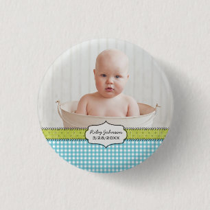 Custom baby boy photo name and birthday keepsake 3 cm round badge