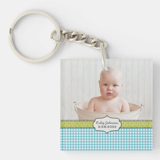 Custom baby boy photo name and birthday keepsake key ring (Front)