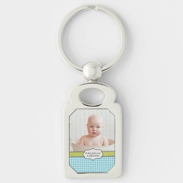 Custom baby boy photo name and birthday keepsake key ring (Front)