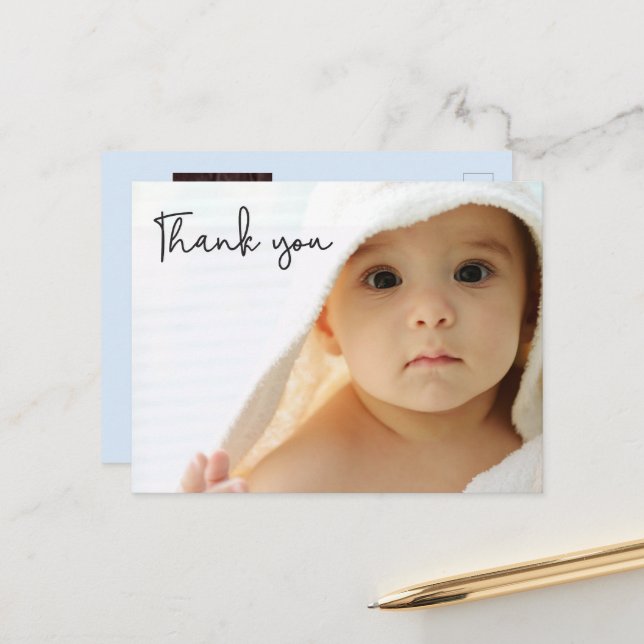 Custom Baby boy photos Blue Modern Thank You  Announcement Postcard (Front/Back In Situ)