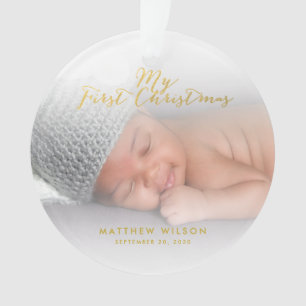 Custom Baby Boyl Gold Script First Christmas Photo Ornament