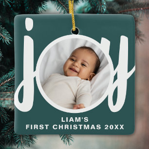 Custom Baby Boy's First Christmas Photo Green Ceramic Ornament