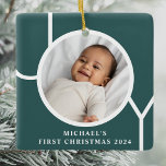 Custom Baby Boy's First Christmas Photo Green Ceramic Ornament<br><div class="desc">This stylish Baby Boy's First Christmas Photo Ornament is decorated with the word JOY on a dark green background.
Easily customisable with your photo,  name,  and year.</div>